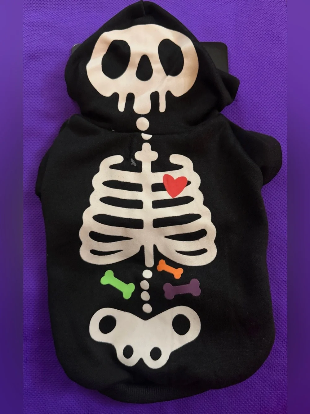 🐾 Black and White Skeleton Dog Hoodie with Colorful Bones